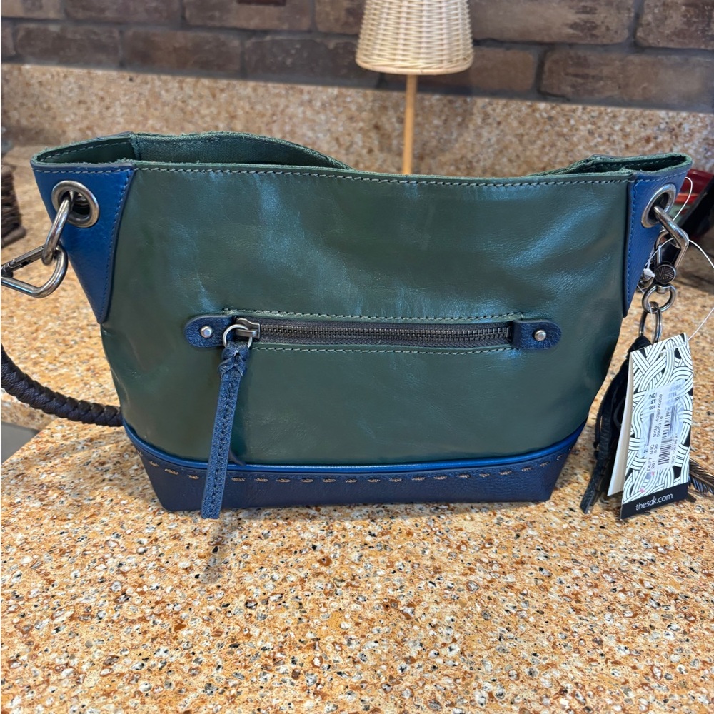 The Sak Green and Blue leather Shoulder Bag with Zippered Closures